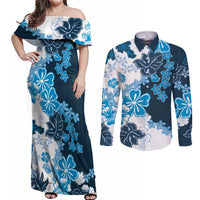 Blue Hibiscus Plumeria Floral Couples Matching Off Shoulder Maxi Dress and Long Sleeve Button Shirt - Polynesian Pride