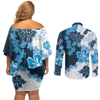 Blue Hibiscus Plumeria Floral Couples Matching Off Shoulder Short Dress and Long Sleeve Button Shirt - Polynesian Pride