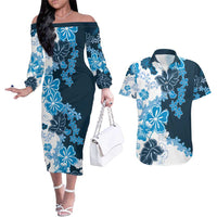 Blue Hibiscus Plumeria Floral Couples Matching Off The Shoulder Long Sleeve Dress and Hawaiian Shirt - Polynesian Pride