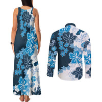 Blue Hibiscus Plumeria Floral Couples Matching Tank Maxi Dress and Long Sleeve Button Shirt LT01 - Polynesian Pride