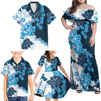 Blue Hibiscus Plumeria Floral Family Matching Off Shoulder Maxi Dress and Hawaiian Shirt - Polynesian Pride