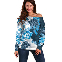 Blue Hibiscus Plumeria Floral Off Shoulder Sweater LT01 Women Blue - Polynesian Pride