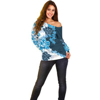 Blue Hibiscus Plumeria Floral Off Shoulder Sweater LT01 - Polynesian Pride