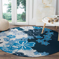 Blue Hibiscus Plumeria Floral Round Carpet - Polynesian Pride