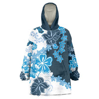 Blue Hibiscus Plumeria Floral Wearable Blanket Hoodie - Polynesian Pride