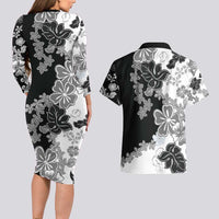 Gray Scale Hibiscus Plumeria Floral Couples Matching Long Sleeve Bodycon Dress and Hawaiian Shirt LT01 - Polynesian Pride