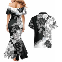 Gray Scale Hibiscus Plumeria Floral Couples Matching Mermaid Dress and Hawaiian Shirt LT01 - Polynesian Pride