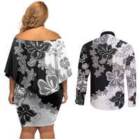 Gray Scale Hibiscus Plumeria Floral Couples Matching Off Shoulder Short Dress and Long Sleeve Button Shirt LT01 - Polynesian Pride