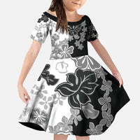 Gray Scale Hibiscus Plumeria Floral Family Matching Long Sleeve Bodycon Dress and Hawaiian Shirt LT01 Daughter's Dress Black - Polynesian Pride