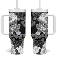 Gray Scale Hibiscus Plumeria Floral Tumbler With Handle LT01 One Size: 40 oz Black - Polynesian Pride