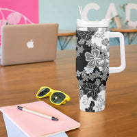 Gray Scale Hibiscus Plumeria Floral Tumbler With Handle LT01 - Polynesian Pride