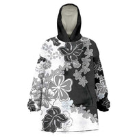 Gray Scale Hibiscus Plumeria Floral Wearable Blanket Hoodie - Polynesian Pride