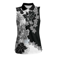 Gray Scale Hibiscus Plumeria Floral Women Sleeveless Polo Shirt LT01 Female Black - Polynesian Pride
