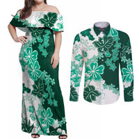Green Hibiscus Plumeria Floral Couples Matching Off Shoulder Maxi Dress and Long Sleeve Button Shirt LT01 Green - Polynesian Pride