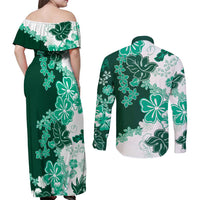 Green Hibiscus Plumeria Floral Couples Matching Off Shoulder Maxi Dress and Long Sleeve Button Shirt LT01 - Polynesian Pride