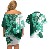 Green Hibiscus Plumeria Floral Couples Matching Off Shoulder Short Dress and Hawaiian Shirt LT01 - Polynesian Pride