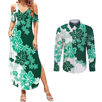 Green Hibiscus Plumeria Floral Couples Matching Summer Maxi Dress and Long Sleeve Button Shirt LT01 Green - Polynesian Pride