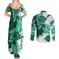 Green Hibiscus Plumeria Floral Couples Matching Summer Maxi Dress and Long Sleeve Button Shirt LT01 - Polynesian Pride