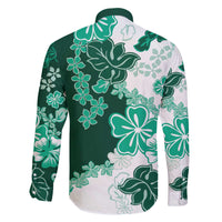 Green Hibiscus Plumeria Floral Family Matching Off The Shoulder Long Sleeve Dress and Hawaiian Shirt - Polynesian Pride