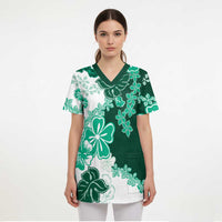 Green Hibiscus Plumeria Floral Scrub Top - Polynesian Pride