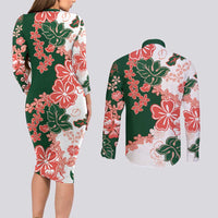 Green Orange Hibiscus Plumeria Floral Couples Matching Long Sleeve Bodycon Dress and Long Sleeve Button Shirt LT01 - Polynesian Pride