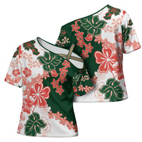 Green Orange Hibiscus Plumeria Floral Cross Shoulder Shirt - Polynesian Pride