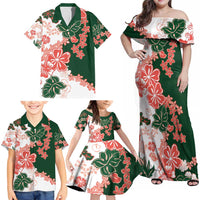 Green Orange Hibiscus Plumeria Floral Family Matching Off Shoulder Maxi Dress and Hawaiian Shirt - Polynesian Pride
