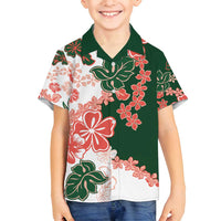 Green Orange Hibiscus Plumeria Floral Family Matching Off Shoulder Short Dress and Hawaiian Shirt - Polynesian Pride