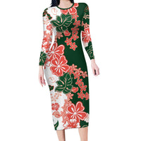 Green Orange Hibiscus Plumeria Floral Long Sleeve Bodycon Dress - Polynesian Pride