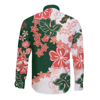 Green Orange Hibiscus Plumeria Floral Long Sleeve Button Shirt - Polynesian Pride