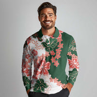 Green Orange Hibiscus Plumeria Floral Long Sleeve Polo Shirt - Polynesian Pride