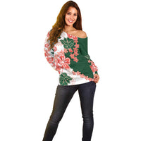 Green Orange Hibiscus Plumeria Floral Off Shoulder Sweater LT01 - Polynesian Pride