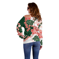 Green Orange Hibiscus Plumeria Floral Off Shoulder Sweater LT01 - Polynesian Pride