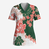 Green Orange Hibiscus Plumeria Floral Scrub Top - Polynesian Pride