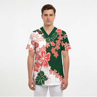 Green Orange Hibiscus Plumeria Floral Scrub Top - Polynesian Pride