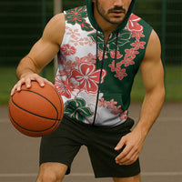 Green Orange Hibiscus Plumeria Floral Sleeveless Zip Hoodie - Polynesian Pride