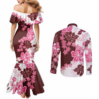 Pink Hibiscus Plumeria Floral Couples Matching Mermaid Dress and Long Sleeve Button Shirt LT01 - Polynesian Pride