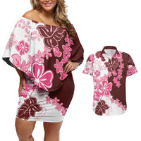 Pink Hibiscus Plumeria Floral Couples Matching Off Shoulder Short Dress and Hawaiian Shirt LT01 Pink - Polynesian Pride