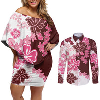 Pink Hibiscus Plumeria Floral Couples Matching Off Shoulder Short Dress and Long Sleeve Button Shirt LT01 Pink - Polynesian Pride
