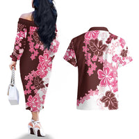 Pink Hibiscus Plumeria Floral Couples Matching Off The Shoulder Long Sleeve Dress and Hawaiian Shirt - Polynesian Pride