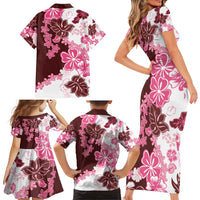 Pink Hibiscus Plumeria Floral Family Matching Short Sleeve Bodycon Dress and Hawaiian Shirt LT01 - Polynesian Pride