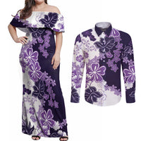 Purple Hibiscus Plumeria Floral Couples Matching Off Shoulder Maxi Dress and Long Sleeve Button Shirt LT01 Purple - Polynesian Pride