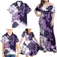 Purple Hibiscus Plumeria Floral Family Matching Off Shoulder Maxi Dress and Hawaiian Shirt - Polynesian Pride