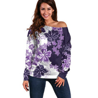 Purple Hibiscus Plumeria Floral Off Shoulder Sweater LT01 Women Purple - Polynesian Pride