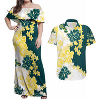 Yelow Teal Hibiscus Plumeria Floral Couples Matching Off Shoulder Maxi Dress and Hawaiian Shirt LT01 Yellow - Polynesian Pride