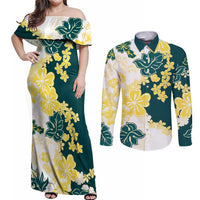 Yelow Teal Hibiscus Plumeria Floral Couples Matching Off Shoulder Maxi Dress and Long Sleeve Button Shirt LT01 Yellow - Polynesian Pride