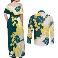 Yelow Teal Hibiscus Plumeria Floral Couples Matching Off Shoulder Maxi Dress and Long Sleeve Button Shirt LT01 - Polynesian Pride