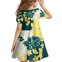 Yelow Teal Hibiscus Plumeria Floral Kid Short Sleeve Dress - Polynesian Pride
