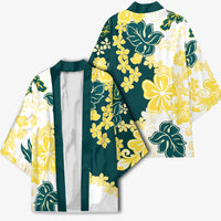 Yelow Teal Hibiscus Plumeria Floral Kimono LT01 - Polynesian Pride