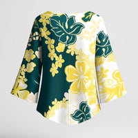 Yelow Teal Hibiscus Plumeria Floral Kimono Sleeve Blouse - Polynesian Pride